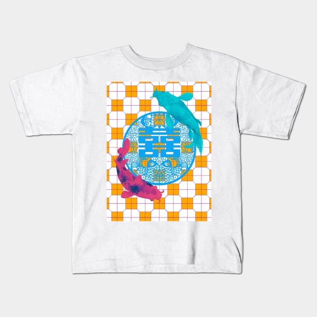 Double Happy Koi Fish - Yoga Calm Vibe Orange Tile Floor Pattern Kids T-Shirt by CRAFTY BITCH